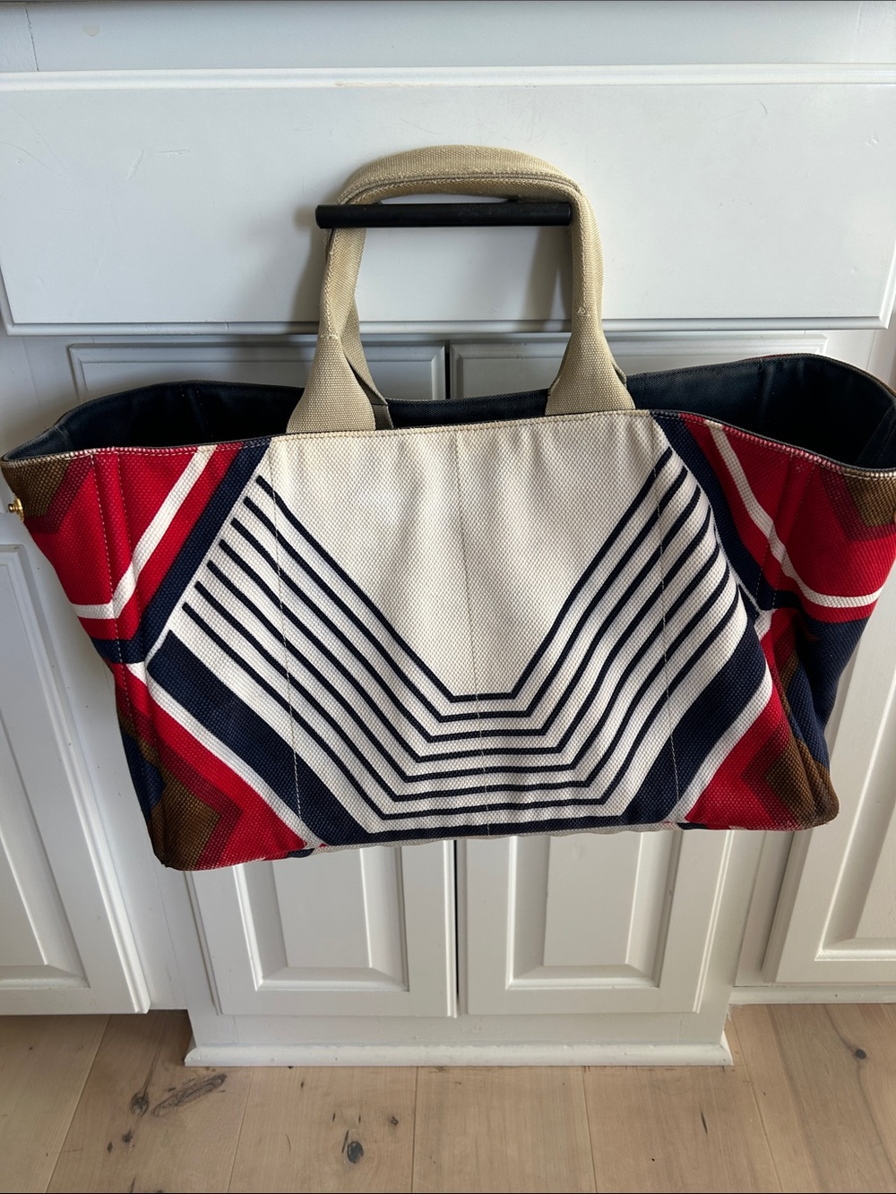 Prada Striped Canvas Tote in Red, Navy & Brown